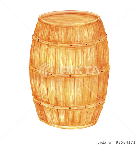 Hand drawn watercolor wooden beer barrel on white background. Label, banner, typography, poster, scrapbook design. 98564171