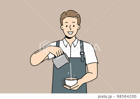 Smiling male barista make coffee in cup Smiling male barista make coffee in cup 98564200