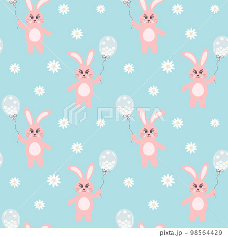Seamless pattern with pink bunny holding a balloon full of chamomiles on blue background. Great for textile, fabric prints, wrapping paper. 98564429