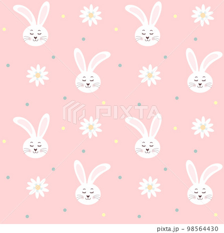 Seamless pattern with bunny head and chamomiles on pink background. Great for textile, fabric prints, wrapping paper. 98564430