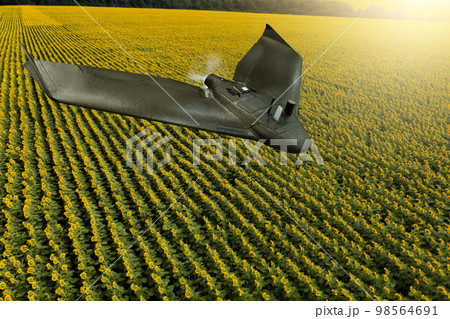 Drone flies over agricultural land. 98564691
