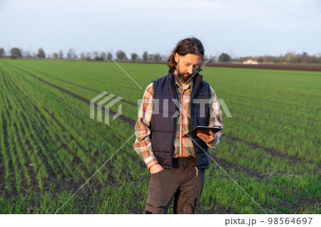 Farmer with digital tablet on a field. Farmer with digital tablet on a field. 98564697