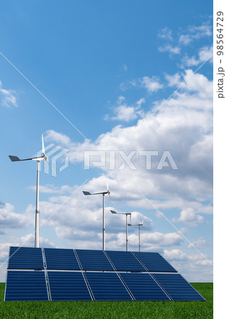 Solar panels and wind turbines on a green field. Solar panels and wind turbines on a green field. 98564729
