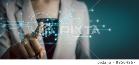 Businesswoman using fingerprint indentification to access data. biometrics security, innovation technology.. 98564867