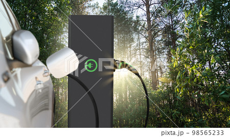 Close up of electric car inlet with a connected charging cable 98565233