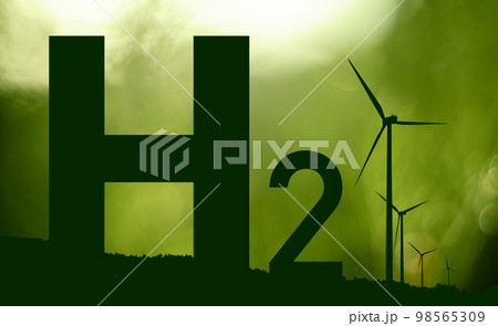 Silhouettes of Hydrogen symbol and wind turbines. Silhouettes of Hydrogen symbol and wind turbines. 98565309