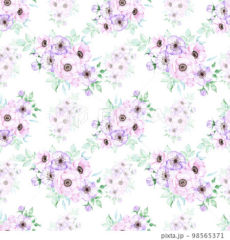Handdrawn anemone seamless pattern. Watercolor pink and purple flowers with green leaves on the white background. Scrapbook design, typography poster, label, banner, textile. 98565371
