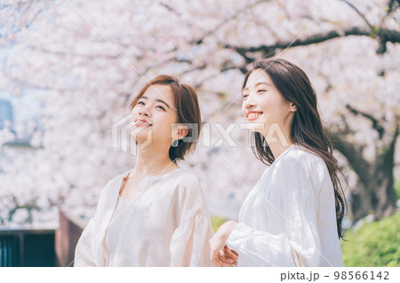 桜の名所を観光する女性（友達） 98566142