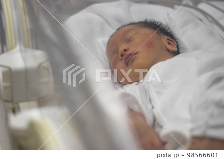早産で保育器に入っっている赤ちゃんの上半身（新生児、日本人、男の子） 98566601