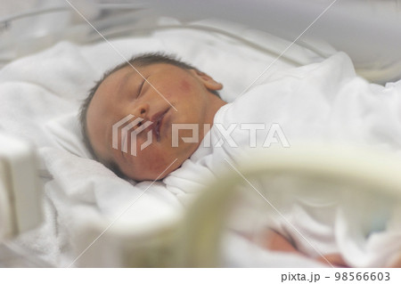 早産で保育器に入っっている赤ちゃんの上半身（新生児、日本人、男の子） 98566603