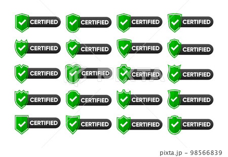 Certified badge, stamp, seal big collection. Green seal of origin and quality. Certify flat shield with check mark. Vector illustration. Certified badge, stamp, seal big collection. Green seal of origin and quality. Certify flat shield with check mark. Vector illustration. 98566839