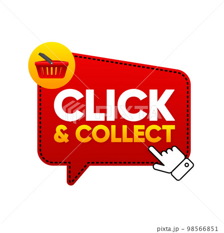 Click and Collect with computer mouse pointer on red banner. Click and Collect to basket. Concept to Shopping in Store. Vector illustration. Click and Collect with computer mouse pointer on red banner. Click and Collect to basket. Concept to Shopping in Store. Vector illustration. 98566851