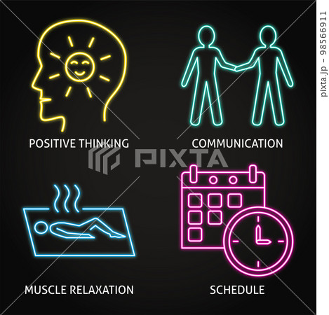 Neon stress management icon set 98566911