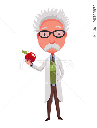 Old scientist holding apple. Funny moustached character wearing glasses and lab coat. Discovery in science. Vector illustration in cartoon style Old scientist holding apple. Funny moustached character wearing glasses and lab coat. Discovery in science. Vector illustration in cartoon style 98566973