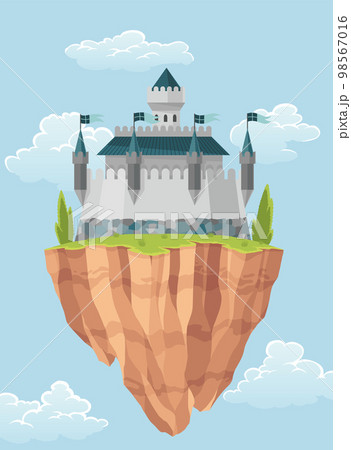 Flying island fairy tale castle. Cartoon fantasy palace with towers, vector medieval fort or fortress. Fairy tale kingdom house building in sky 98567016