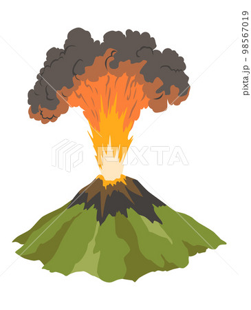 Volcano icon. Magma nature blowing up with smoke. An awakened vulcan activity fire and smoke element. Volcano eruption. Flat cartoon vector isolated illustration 98567019