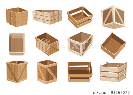 Wooden boxes. Retail, logistics, delivery, storage concept. Delivery containers, empty parcels, shipping crates isolated vector illustration set. Cargo distribution packs for food or products 98567079