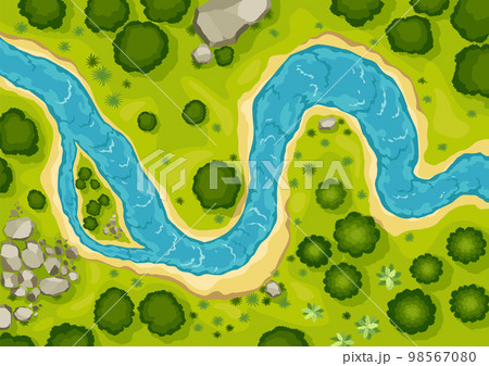 Top view river landscape. Summer beautiful valley, scenic picturesque natural stream. River with trees on shore. Landscape with winding river. Vector illustration 98567080