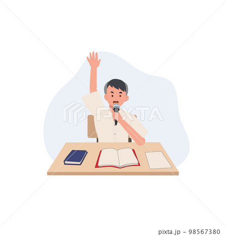 education concept. Student boy is hand up to asking or answer the question with microphone in hand. Thai Student 98567380