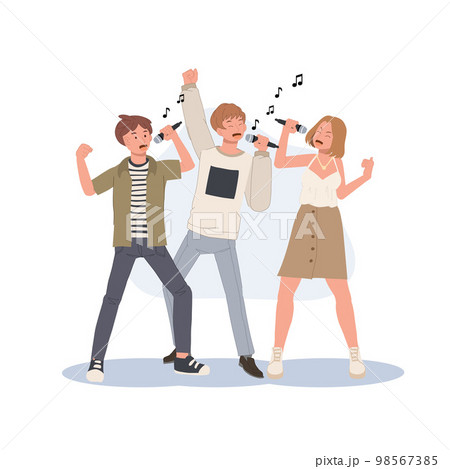 Group of people singing sing karaoke and enjoying time together having fun. Music lover, melody, song, hobby. Group of people singing sing karaoke and enjoying time together having fun. Music lover, melody, song, hobby. 98567385