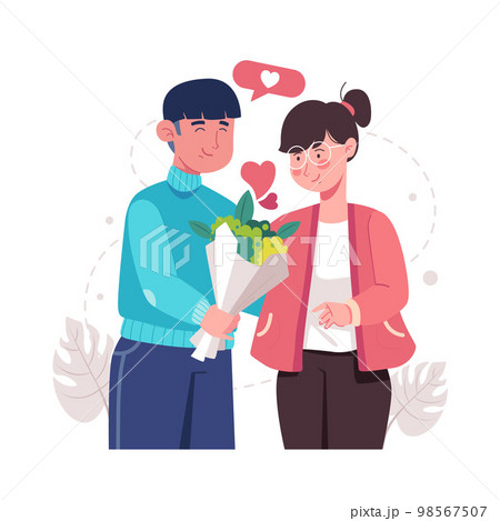 A romantic boyfriend gives a bunch of flowers to his darling girlfriend. Happy young couple portrait. Valentine's Day and happy anniversary concept. 98567507