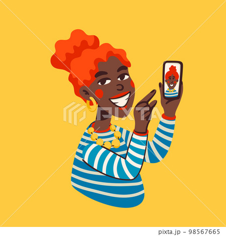 Young black woman taking selfie or recording video for social media with smartphone. Happy female character with mobile phone. Blogger or vlogger cartoon character making internet content vector flat 98567665