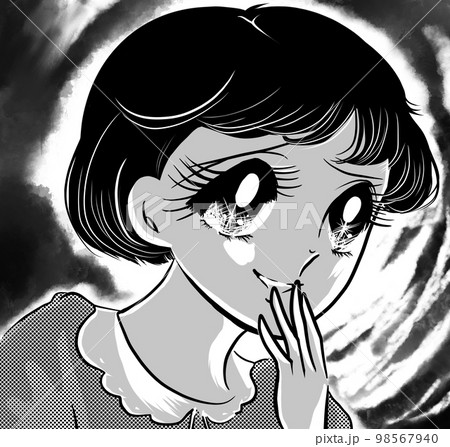 昭和レトロホラー70年代少女漫画怖い噂話をヒソヒソする黒髪おかっぱ美少女の白黒イラストと暗雲背景 98567940