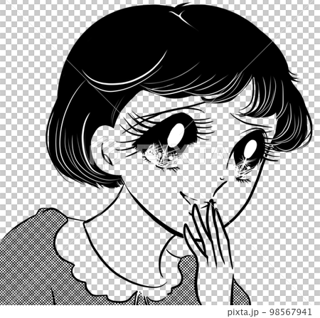Showa Retro Horror 70's Girl's Cartoon Black and white illustration of a beautiful girl with a black hair and a bobbed hair whispering scary gossip and a transparent background 98567941