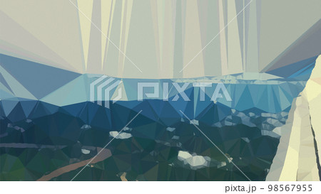 海外旅行のワクワク感。飛行機から東南アジアを見下ろすイラスト。タイのバンコクのチャオプラヤー川上空。 98567955