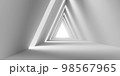 Empty Long Light Corridor. Modern white background. Futuristic Sci-Fi Triangle Tunnel. 3D Render 98567965