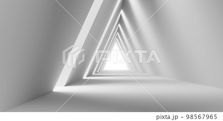 Empty Long Light Corridor. Modern white background. Futuristic Sci-Fi Triangle Tunnel. 3D Render 98567965
