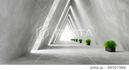 Empty Long Light Corridor. Modern white background. Futuristic Sci-Fi Triangle Tunnel. 3D Render 98567966