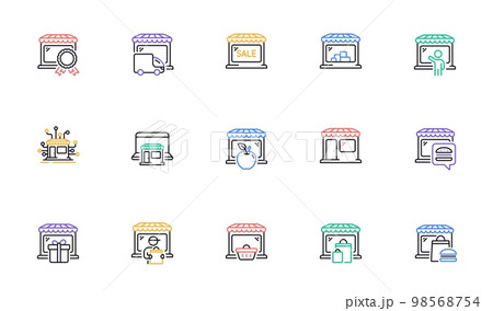 Market store line icons. Online Marketplace, Wholesale Shop, Network Marketing. Store showcase, grocery shop, buyer line icons. Retail seller, fresh market, food delivery. Marketplace app. Vector Market store line icons. Online Marketplace, Wholesale Shop, Network Marketing. Store showcase, grocery shop, buyer line icons. Retail seller, fresh market, food delivery. Marketplace app. Vector 98568754