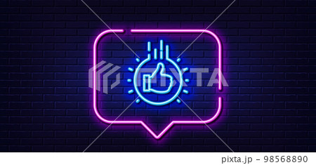 Neon light speech bubble. Like hand line icon. Thumbs up finger sign. Brand ambassador gesture symbol. Neon light background. Like hand glow line. Brick wall banner. Vector 98568890