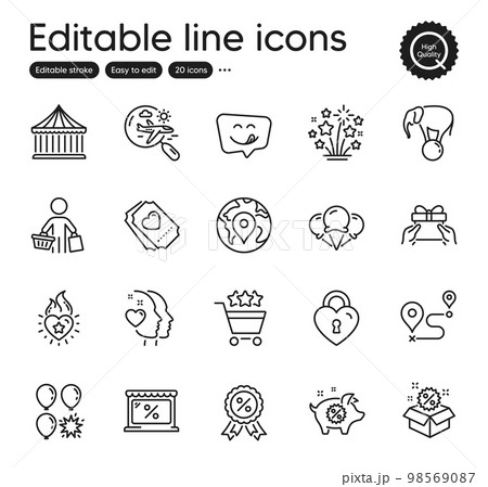 Set of Holidays outline icons. Contains icons as Fireworks stars, Sale and Shopping rating elements. Piggy sale, Discount medal, Carousels web signs. Heart, Buyer, Balloon dart elements. Vector 98569087
