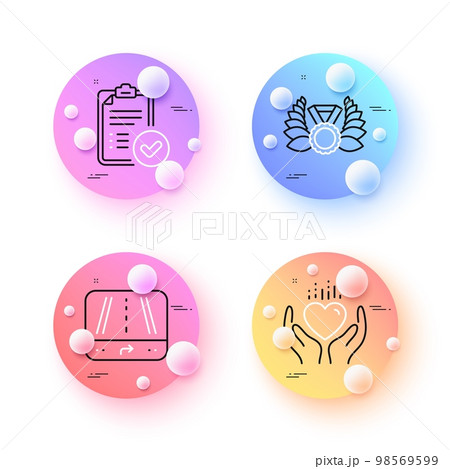 Hold heart, Approved report and Gps minimal line icons. 3d spheres or balls buttons. Laureate medal icons. For web, application, printing. Care love, Verification document, Journey road. Vector 98569599