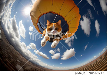 Cat skydriver. Flying with parachute parachuting illustration generative ai Cat skydriver. Flying with parachute parachuting illustration generative ai 98569713