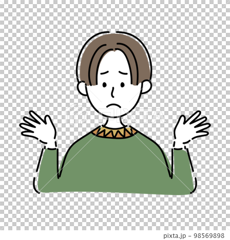 An icon in which a man with long bangs in green clothes is in trouble 98569898