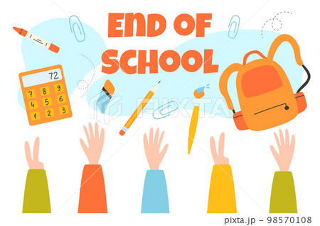 End of school. Poster banner end of school. Last day of school Graduates throw school items in the air. Vector illustration. Flat cartoon style. 98570108