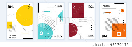 Abstract brochure covers set in modern minimal geometric design. Memphis style background templates with different graphic elements and texture in A4 format for company identity. Vector illustration 98570152