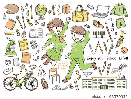 中学校、高校などの学校生活の文房具や道具とジャンプする制服の男子と女子のイラストセット 98570353