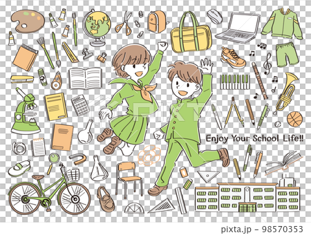 中学校、高校などの学校生活の文房具や道具とジャンプする制服の男子と女子のイラストセット 98570353