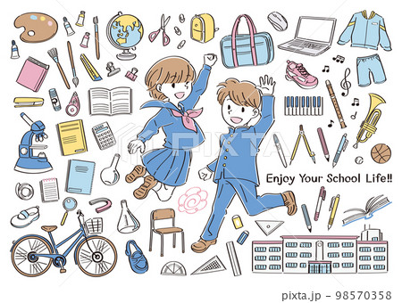 中学校、高校などの学校生活の文房具や道具とジャンプする制服の男子と 