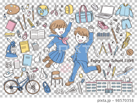 Illustration set of boys and girls in uniforms jumping with stationery and tools for school life such as junior high school and high school 98570358