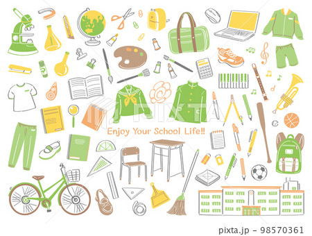 中学校、高校などの学校生活の文房具や道具のイラストセット 98570361