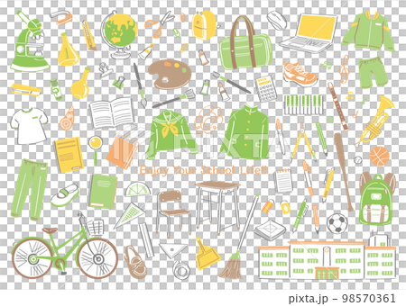 中学校、高校などの学校生活の文房具や道具のイラストセット 98570361