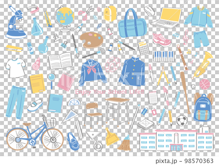 中学校、高校などの学校生活の文房具や道具のイラストセット 98570363