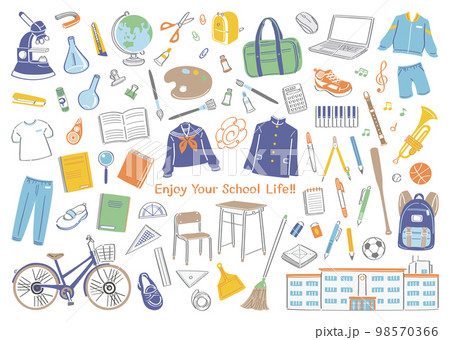 中学校、高校などの学校生活の文房具や道具のイラストセット 98570366