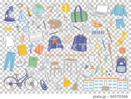 中学校、高校などの学校生活の文房具や道具のイラストセット 98570366