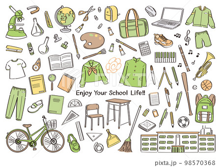 中学校、高校などの学校生活の文房具や道具のイラストセット 中学校、高校などの学校生活の文房具や道具のイラストセット 98570368